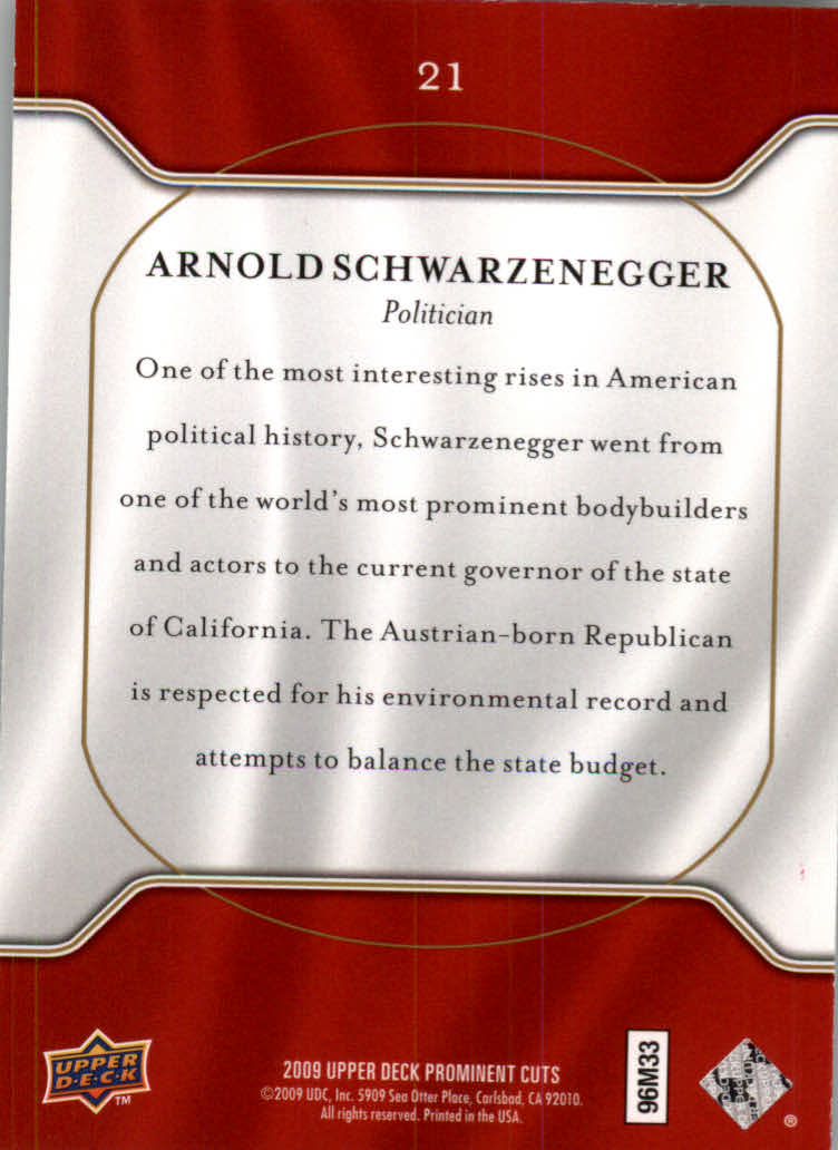 2009 Upper Deck Prominent Cuts #21 Arnold Schwarzenegger back image