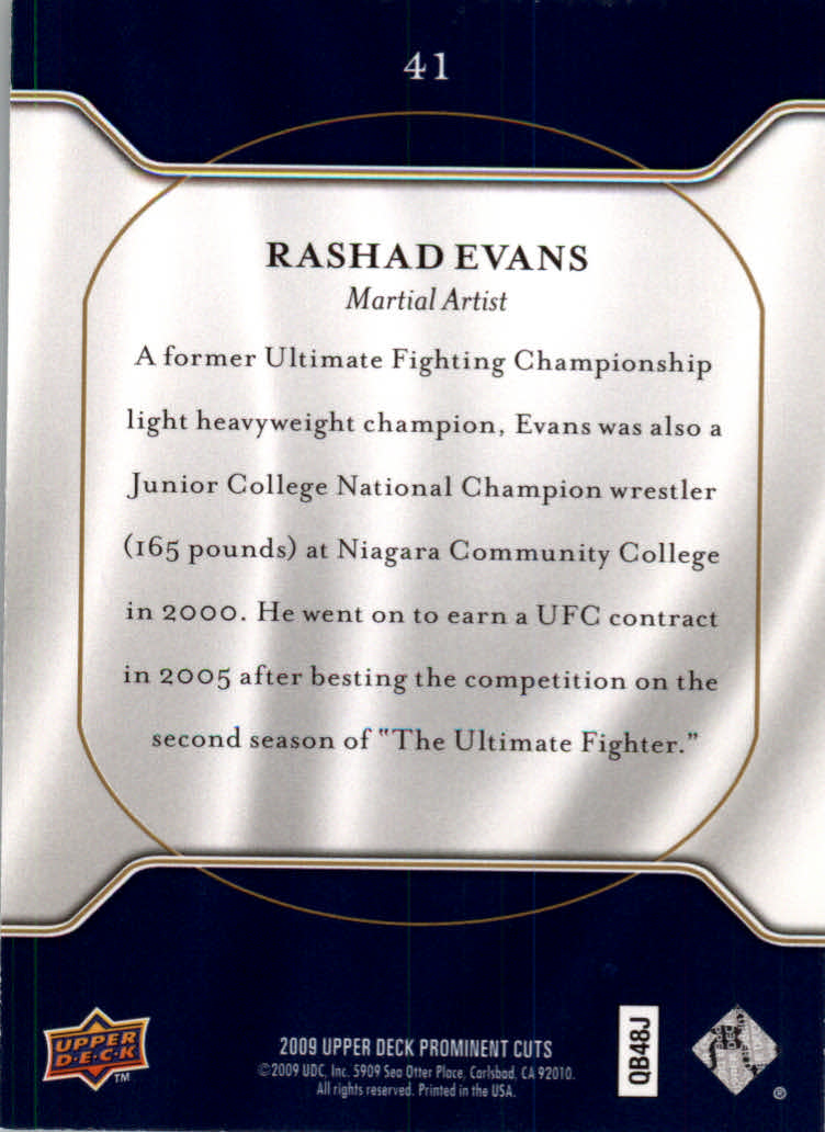 2009 Upper Deck Prominent Cuts #41 Rashad Evans back image