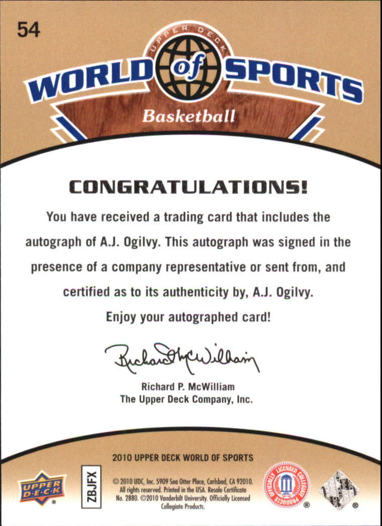 2010 Upper Deck World of Sports Autographs #54 A.J. Ogilvy back image