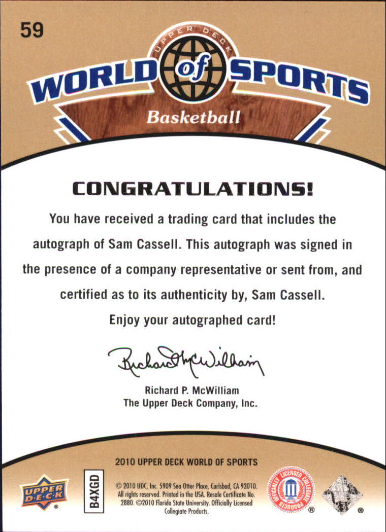 2010 Upper Deck World of Sports Autographs #59 Sam Cassell back image