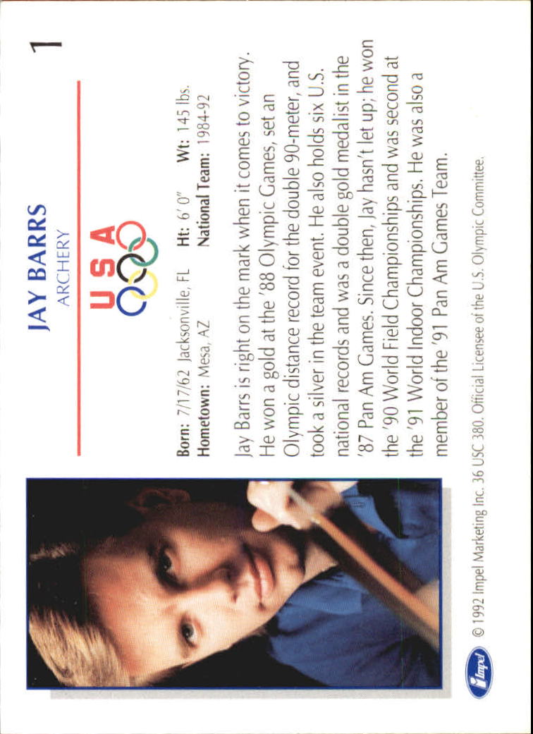 1992 Impel U.S. Olympic Hopefuls #1 Jay Barrs/Archery back image