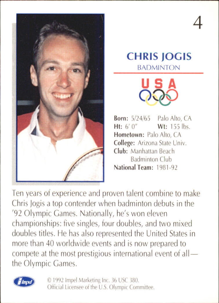1992 Impel U.S. Olympic Hopefuls #4 Chris Jogis/Badminton back image