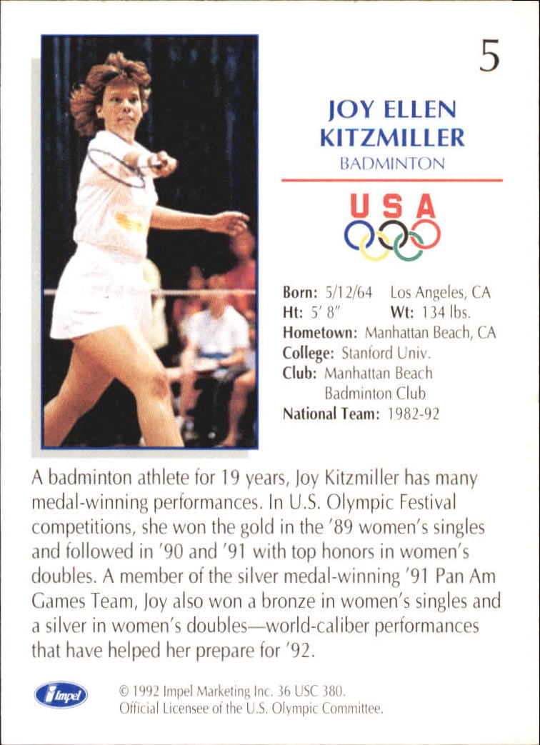 1992 Impel U.S. Olympic Hopefuls #5 Joy Ellen Kitzmiller/Badminton back image