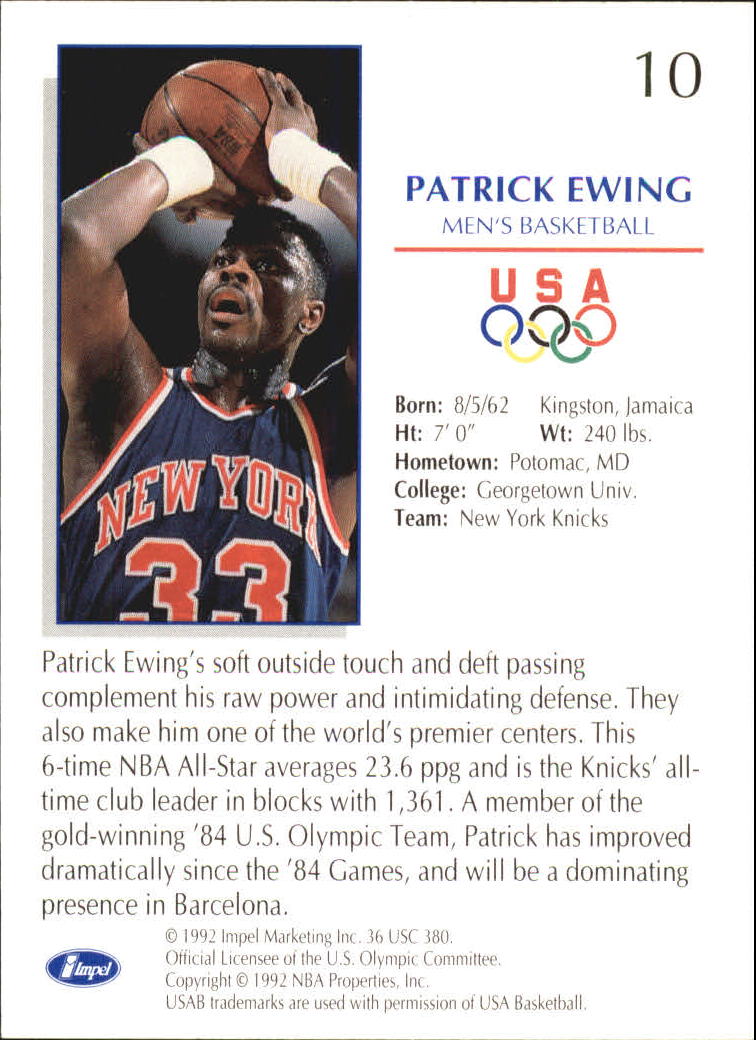 1992 Impel U.S. Olympic Hopefuls #10 Patrick Ewing BK back image