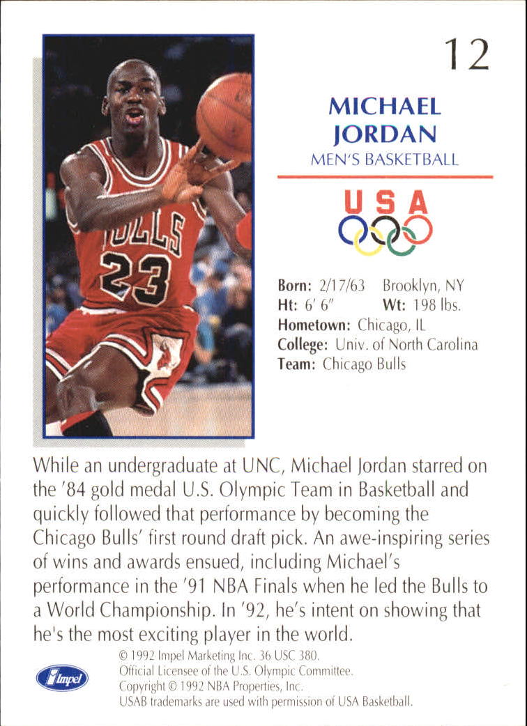 1992 Impel U.S. Olympic Hopefuls #12 Michael Jordan BK back image