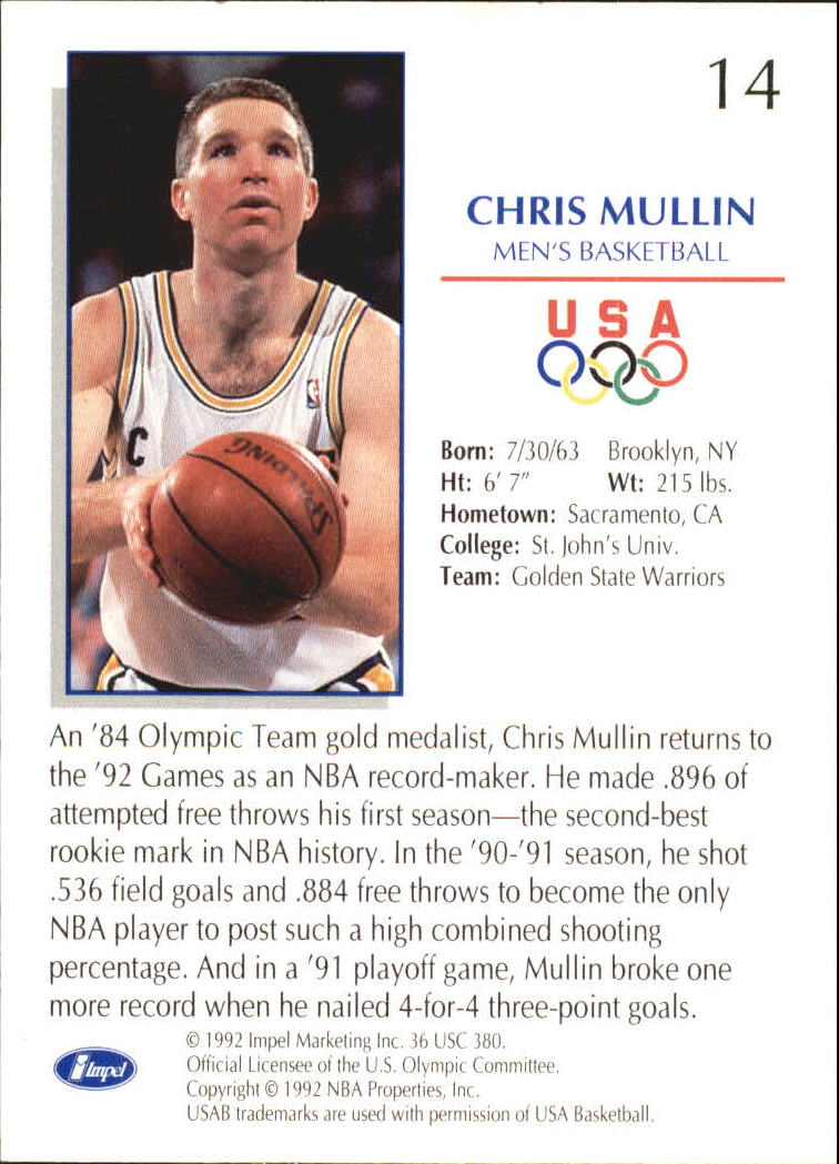 1992 Impel U.S. Olympic Hopefuls #14 Chris Mullin BK back image