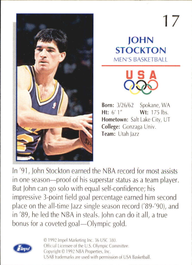 1992 Impel U.S. Olympic Hopefuls #17 John Stockton BK back image