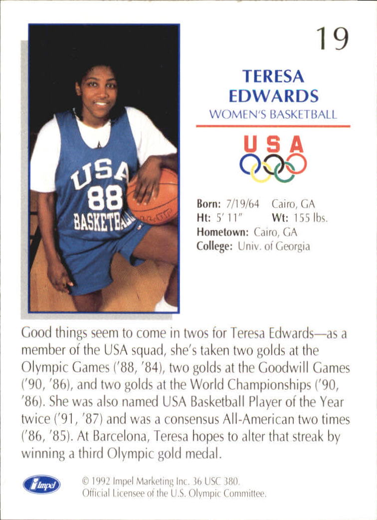 1992 Impel U.S. Olympic Hopefuls #19 Teresa Edwards BK back image
