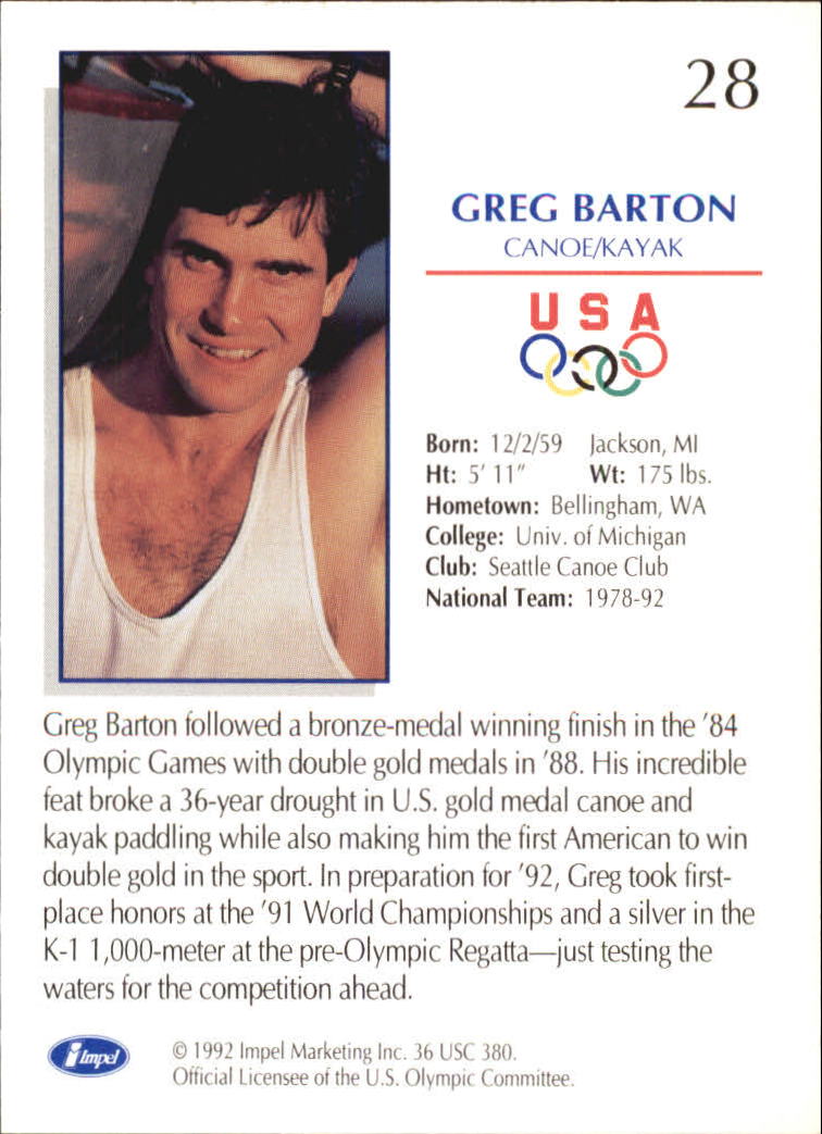 1992 Impel U.S. Olympic Hopefuls #28 Greg Barton/Canoe/Kayak back image