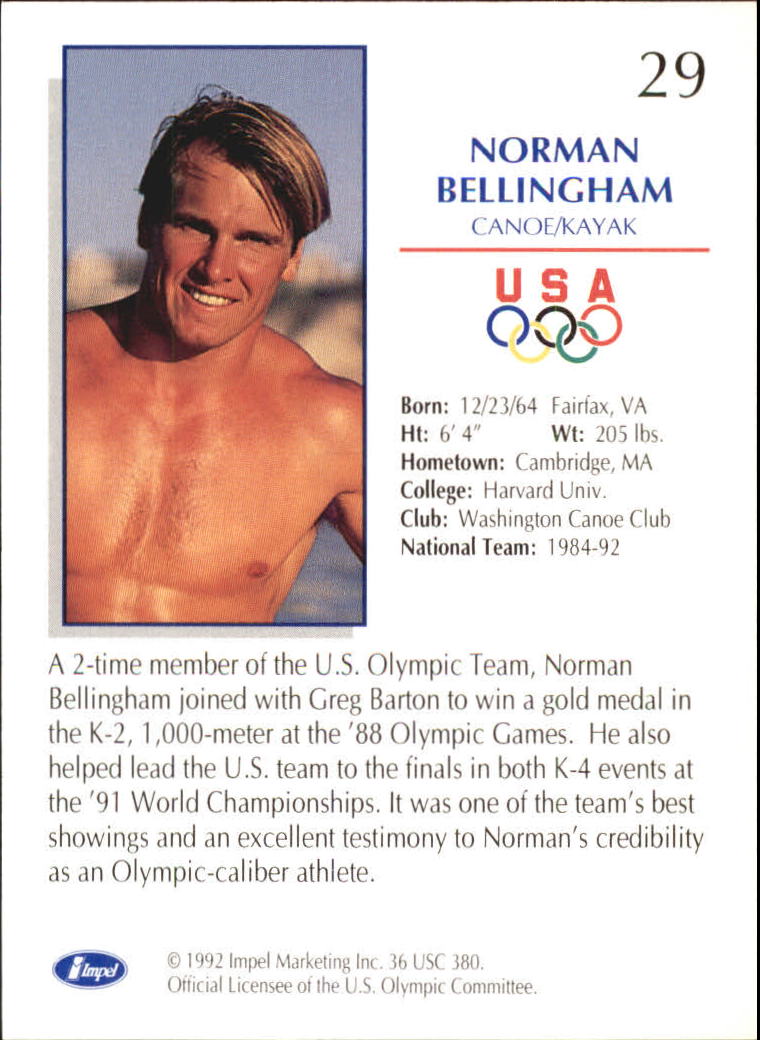 1992 Impel U.S. Olympic Hopefuls #29 Norman Bellingham/Canoe/Kayak back image