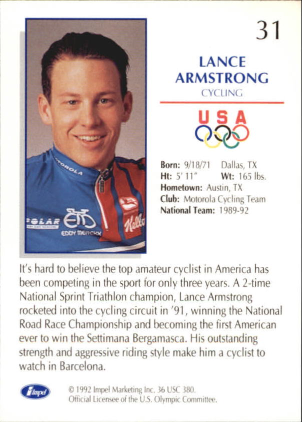 1992 Impel U.S. Olympic Hopefuls #31 Lance Armstrong/Cycling back image