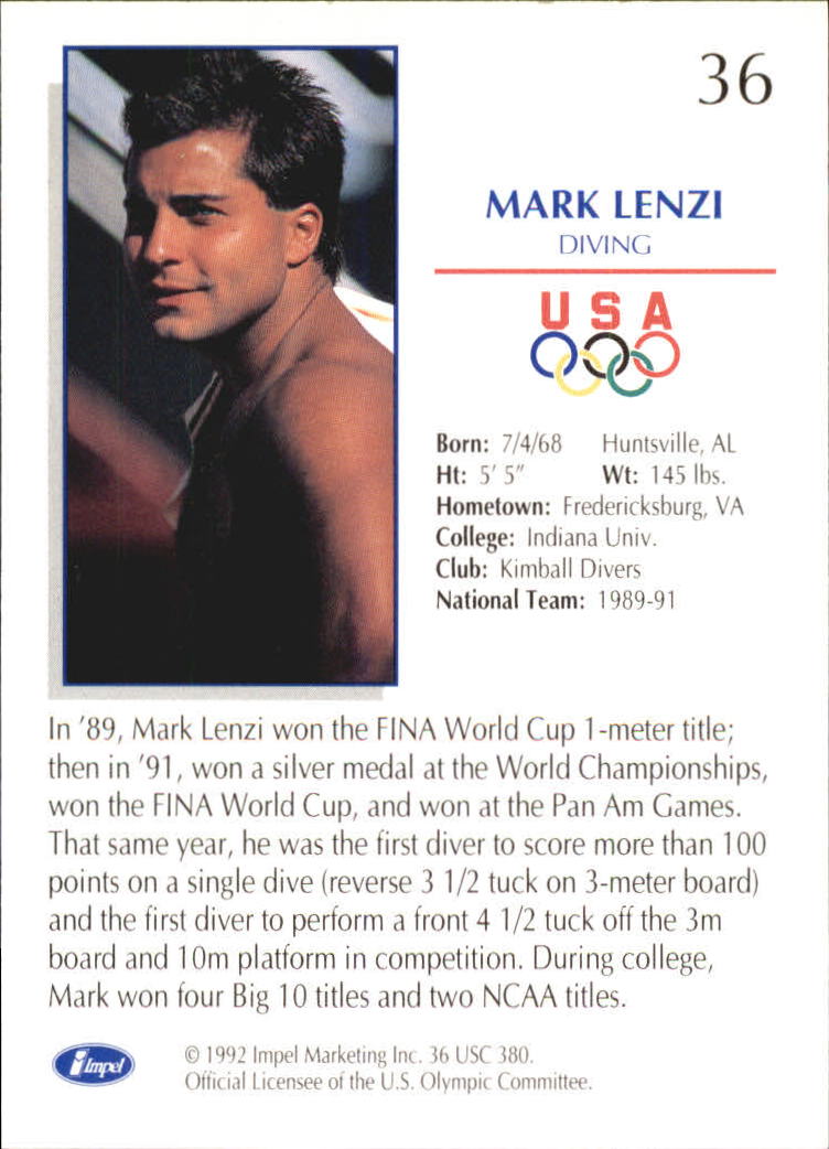 1992 Impel U.S. Olympic Hopefuls #36 Mark Lenzi/Diving back image