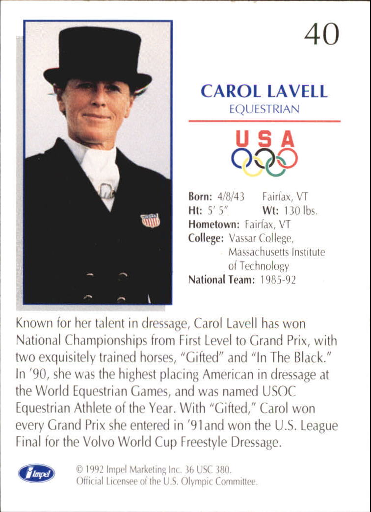 1992 Impel U.S. Olympic Hopefuls #40 Carol Lavell/Equestrian back image