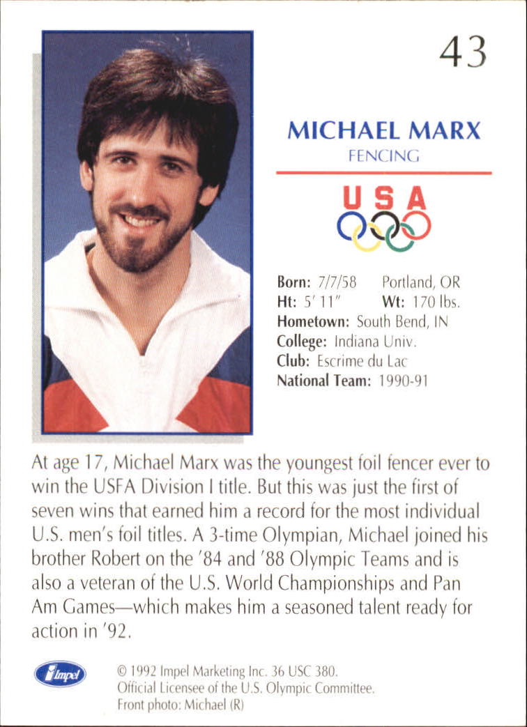 1992 Impel U.S. Olympic Hopefuls #43 Michael Marx/Fencing back image