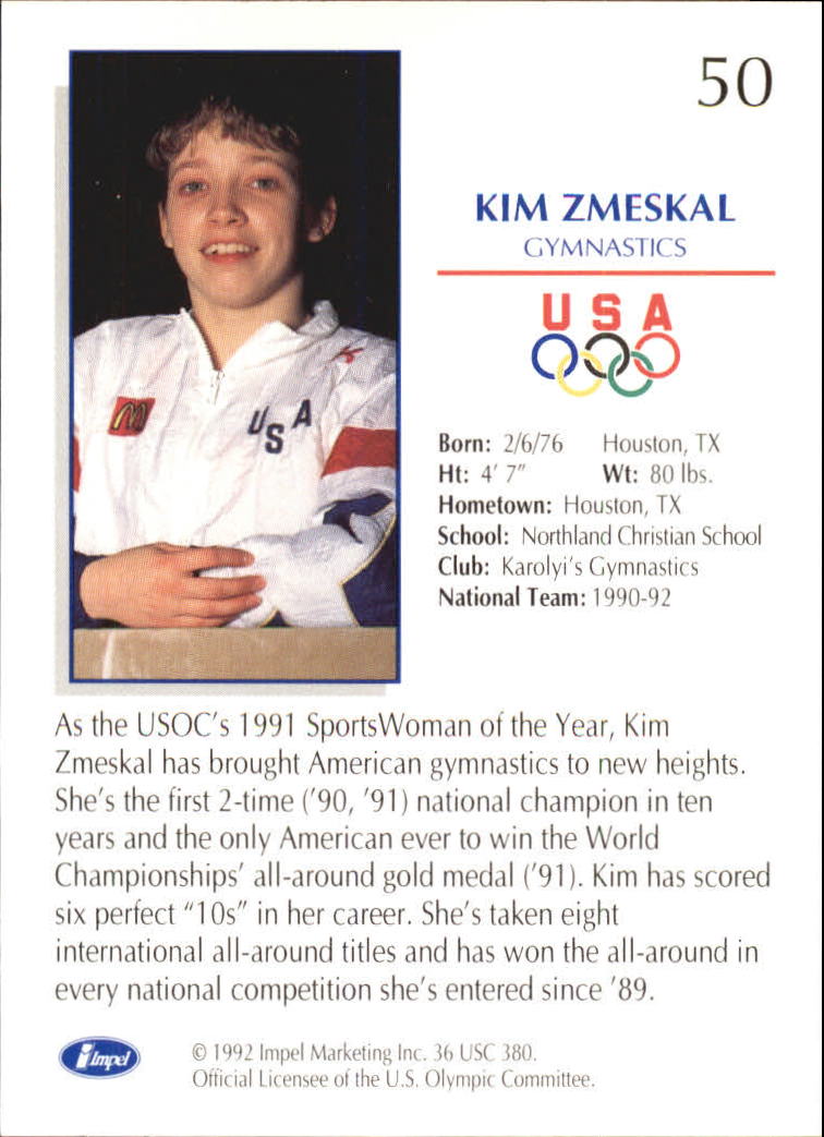 1992 Impel U.S. Olympic Hopefuls #50 Kim Zmeskal/Gymnastics back image