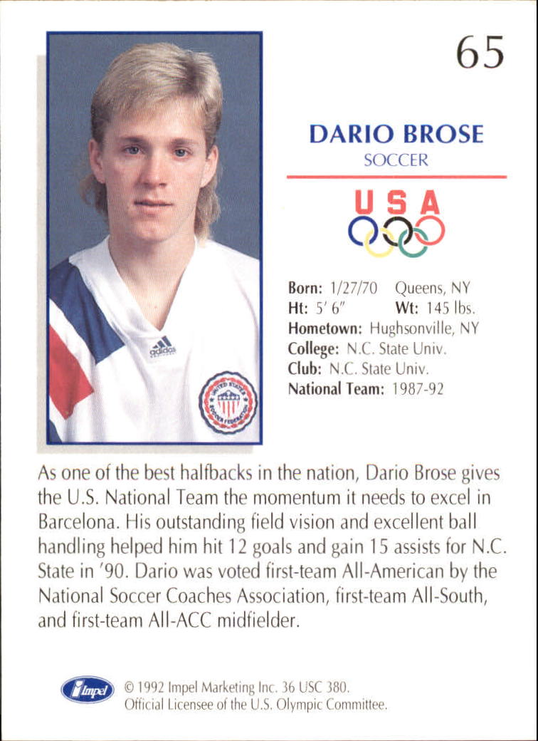 1992 Impel U.S. Olympic Hopefuls #65 Dario Brose/Soccer back image