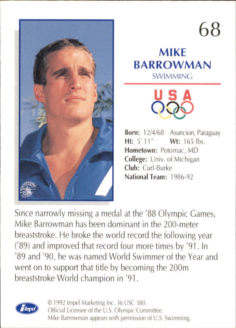1992 Impel U.S. Olympic Hopefuls #68 Mike Barrowman/Swimming back image