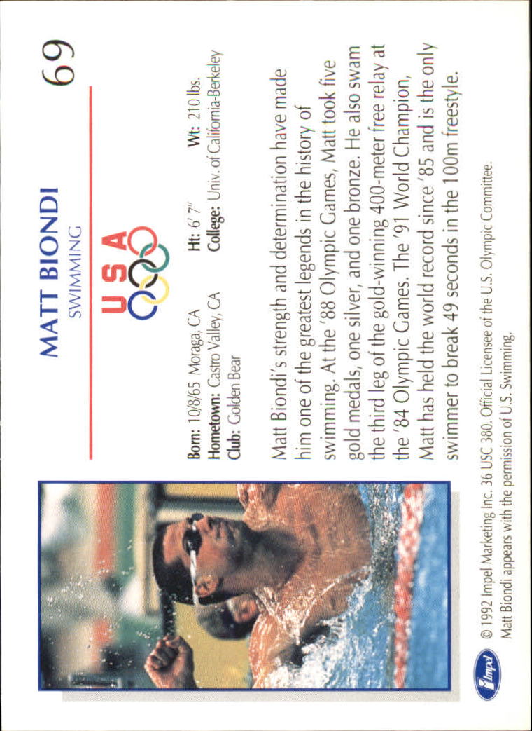 1992 Impel U.S. Olympic Hopefuls #69 Matt Biondi/Swimming back image
