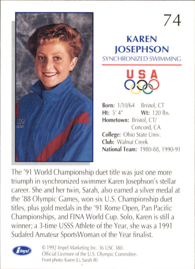 1992 Impel U.S. Olympic Hopefuls #74 Karen Josephson/Synchronized Swimming back image