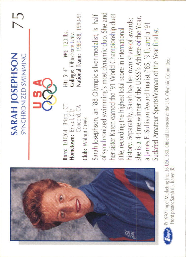 1992 Impel U.S. Olympic Hopefuls #75 Sarah Josephson/Synchronized Swimming back image