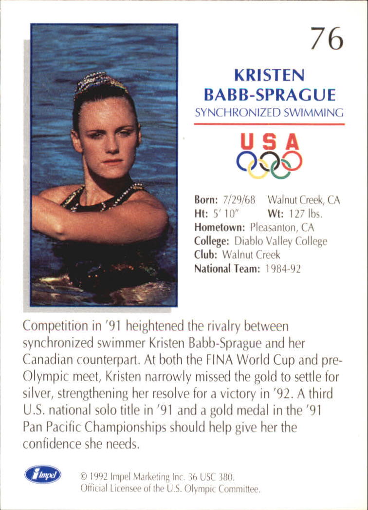 1992 Impel U.S. Olympic Hopefuls #76 Kristen Babb-Sprague/Synchronized Swimming back image