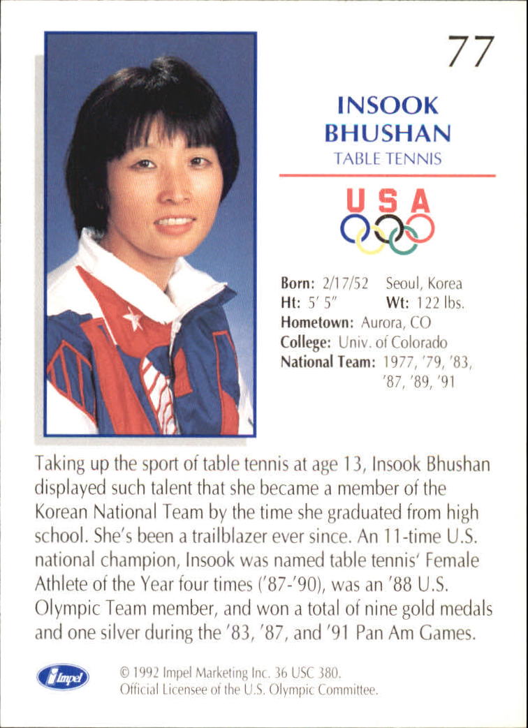 1992 Impel U.S. Olympic Hopefuls #77 Insook Bhushan/Table Tennis back image