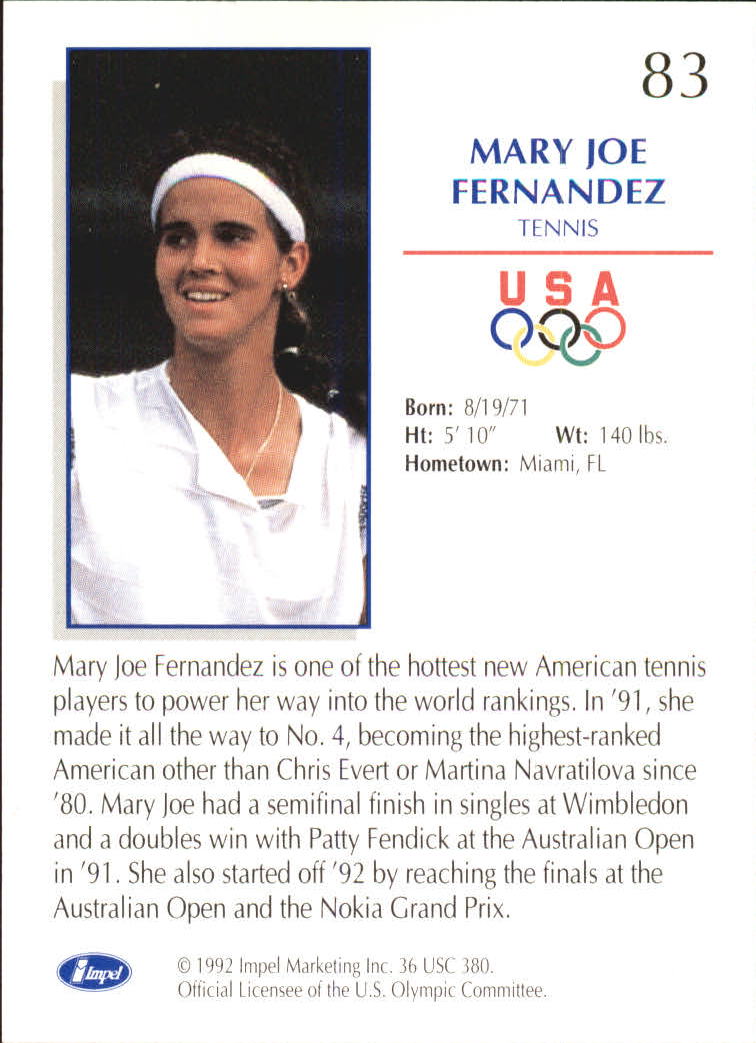 1992 Impel U.S. Olympic Hopefuls #83 Mary Joe Fernandez/Tennis back image