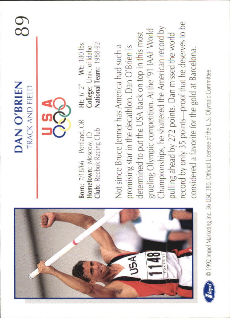1992 Impel U.S. Olympic Hopefuls #89 Dan O'Brien/Track and Field back image