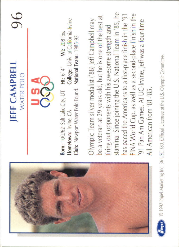 1992 Impel U.S. Olympic Hopefuls #96 Jeff Campbell/Water Polo back image