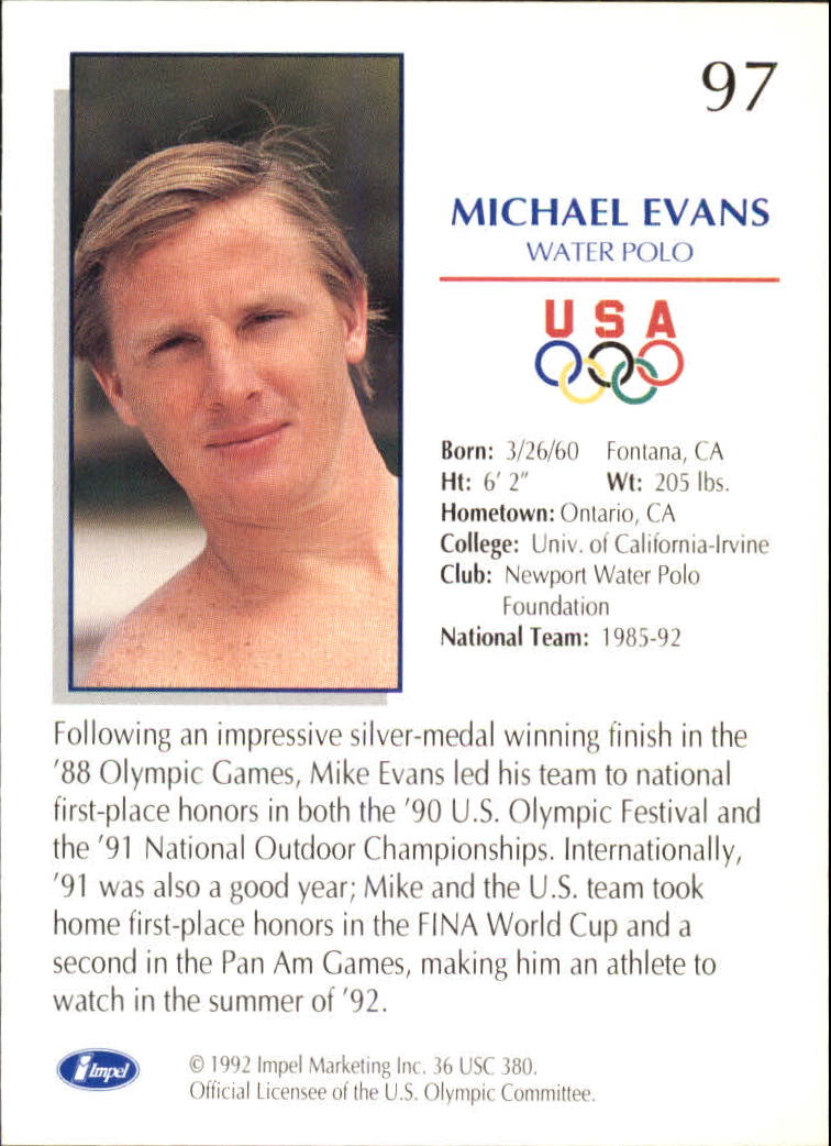 1992 Impel U.S. Olympic Hopefuls #97 Michael Evans/Water Polo back image