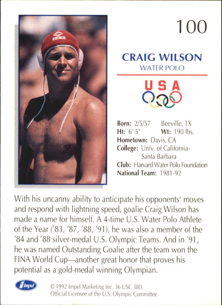 1992 Impel U.S. Olympic Hopefuls #100 Craig Wilson/Water Polo back image