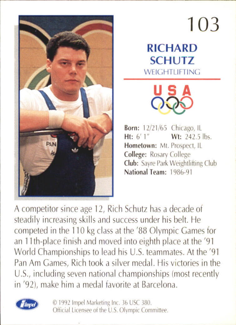 1992 Impel U.S. Olympic Hopefuls #103 Richard Schutz/Weightlifting back image