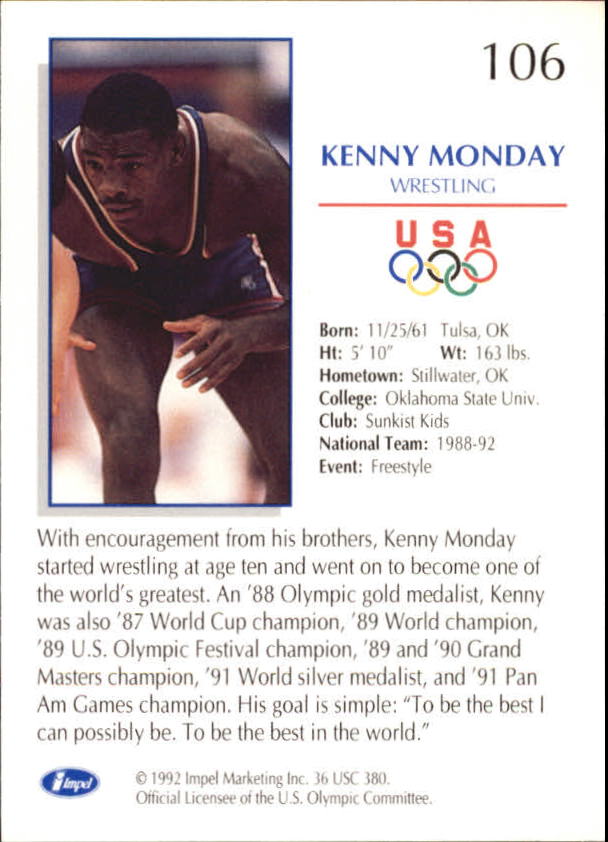 1992 Impel U.S. Olympic Hopefuls #106 Kenny Monday/Wrestling back image