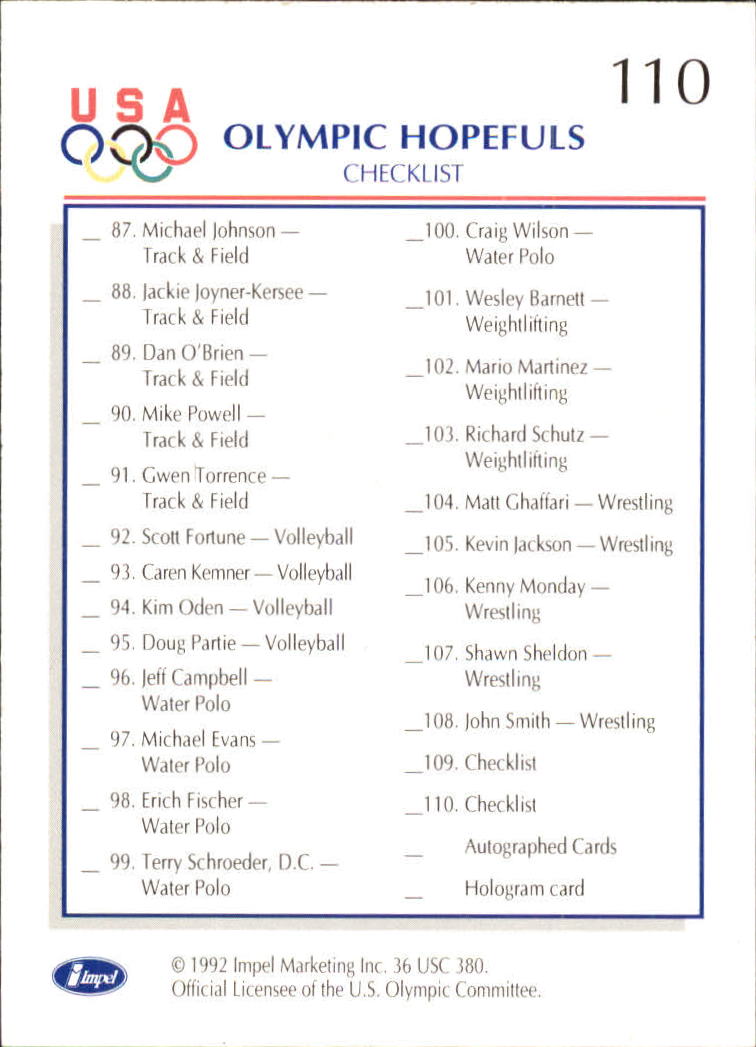 1992 Impel U.S. Olympic Hopefuls 110 Checklist NMMT The Dugout