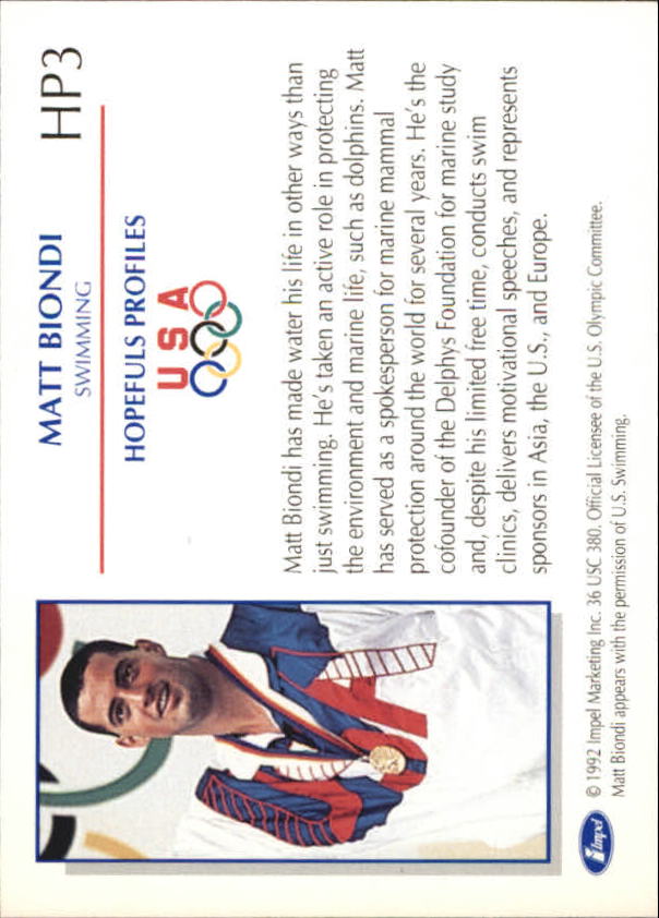 1992 Impel U.S. Olympic Hopefuls Profiles #HP3 Matt Biondi/Swimming back image