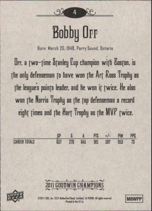 2011 Upper Deck Goodwin Champions #4 Bobby Orr back image