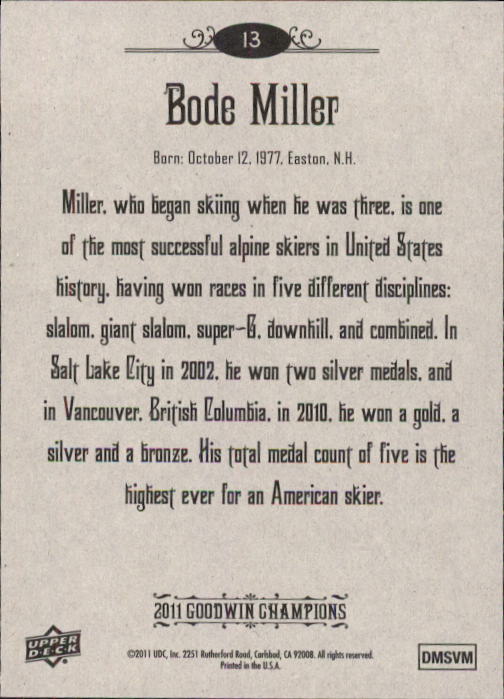 2011 Upper Deck Goodwin Champions #13 Bode Miller back image