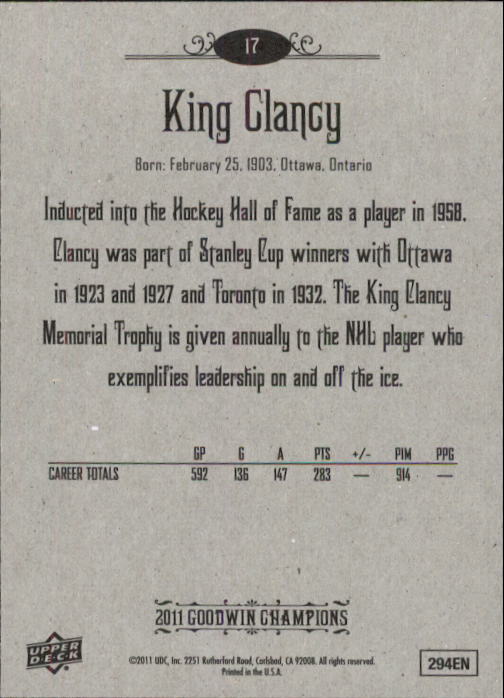 2011 Upper Deck Goodwin Champions #17 King Clancy back image