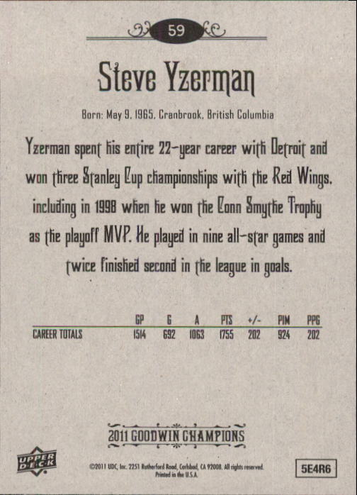 2011 Upper Deck Goodwin Champions #59 Steve Yzerman back image
