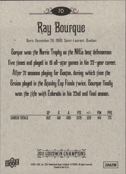 2011 Upper Deck Goodwin Champions #70 Ray Bourque back image