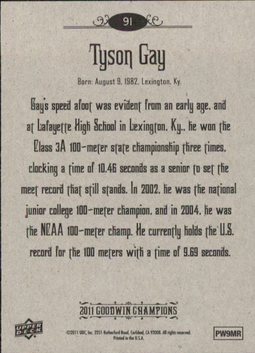 2011 Upper Deck Goodwin Champions #91 Tyson Gay back image