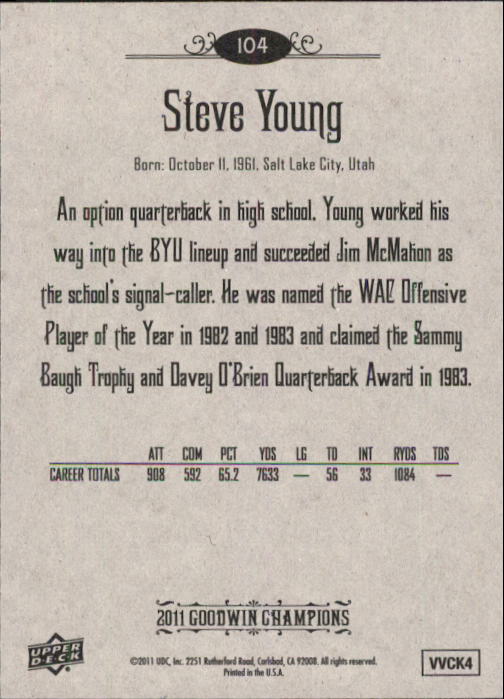 2011 Upper Deck Goodwin Champions #104 Steve Young back image