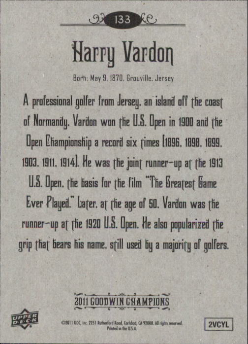 2011 Upper Deck Goodwin Champions #133 Harry Vardon back image