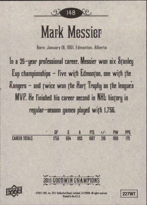 2011 Upper Deck Goodwin Champions #148 Mark Messier back image