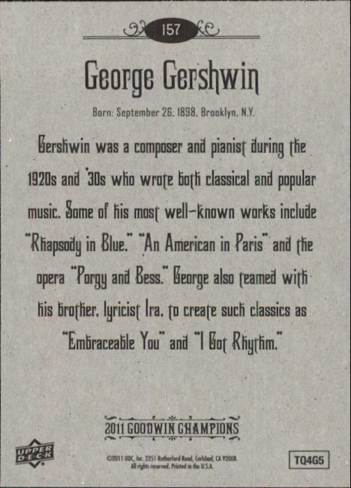 2011 Upper Deck Goodwin Champions #157 George Gershwin SP back image