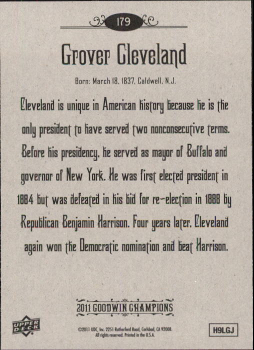 2011 Upper Deck Goodwin Champions #179 Grover Cleveland SP back image