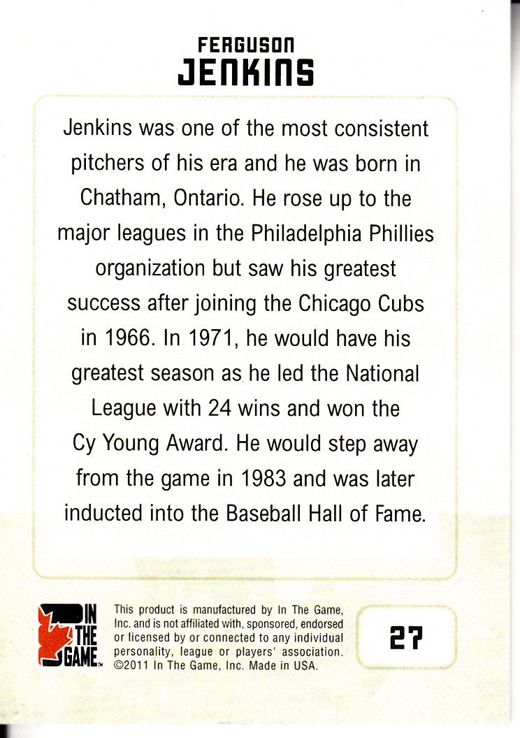 2011 In The Game Canadiana Red #27 Ferguson Jenkins back image