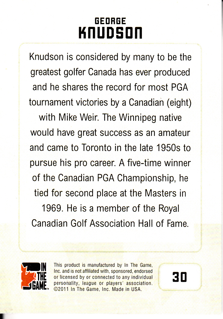 2011 In The Game Canadiana Red #30 George Knudson back image