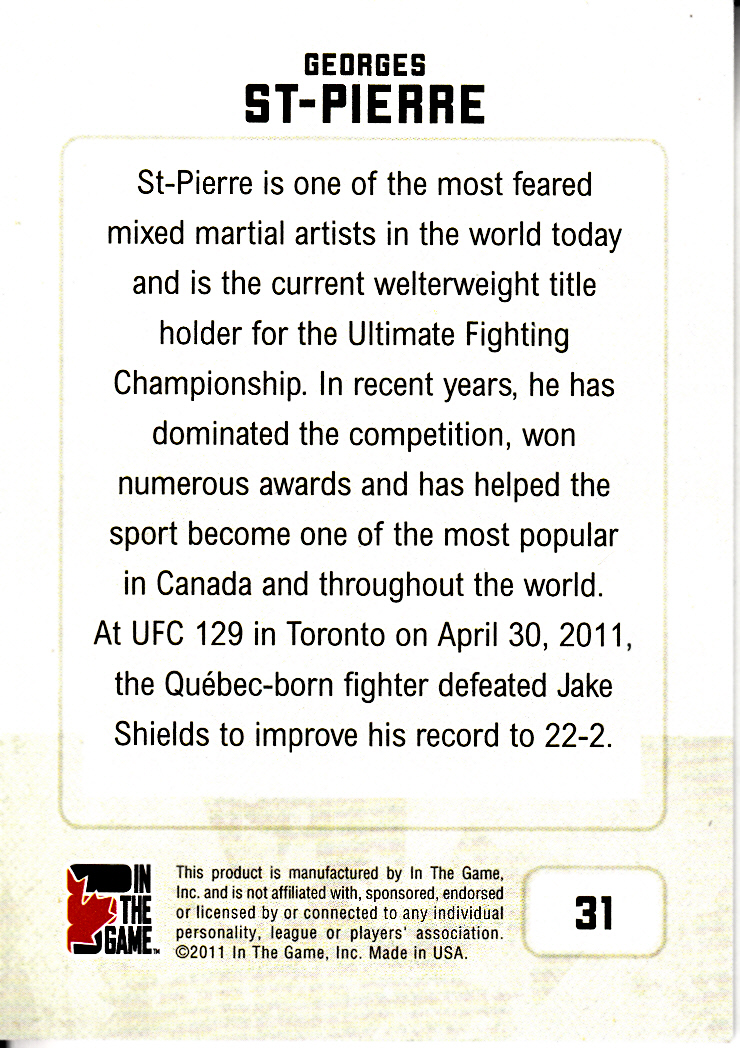 2011 In The Game Canadiana Red #31 Georges St-Pierre back image