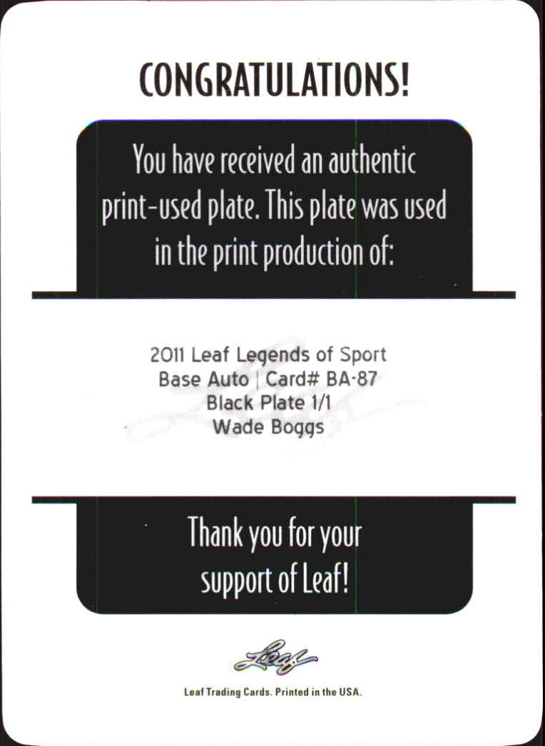 2011 Leaf Legends of Sport Printing Plates Black #BA87 Wade Boggs back image